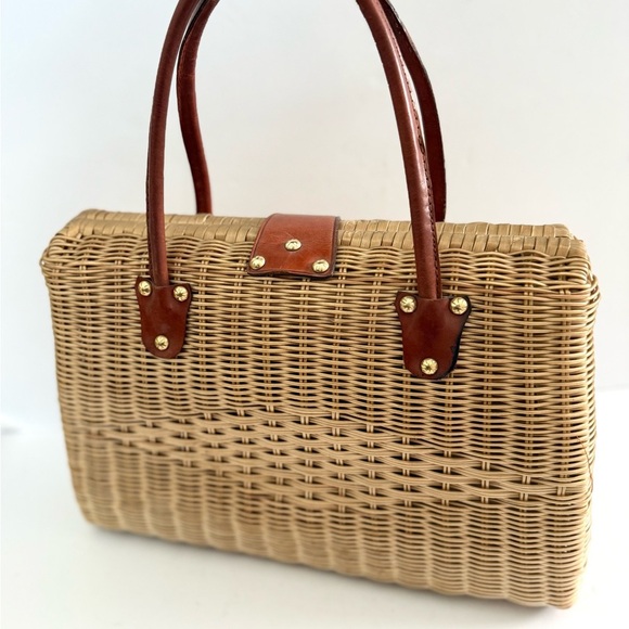 Vintage Marchioness 50s Woven Basket Top Handle Purse Bag Leather Turn Lock - Picture 6 of 11